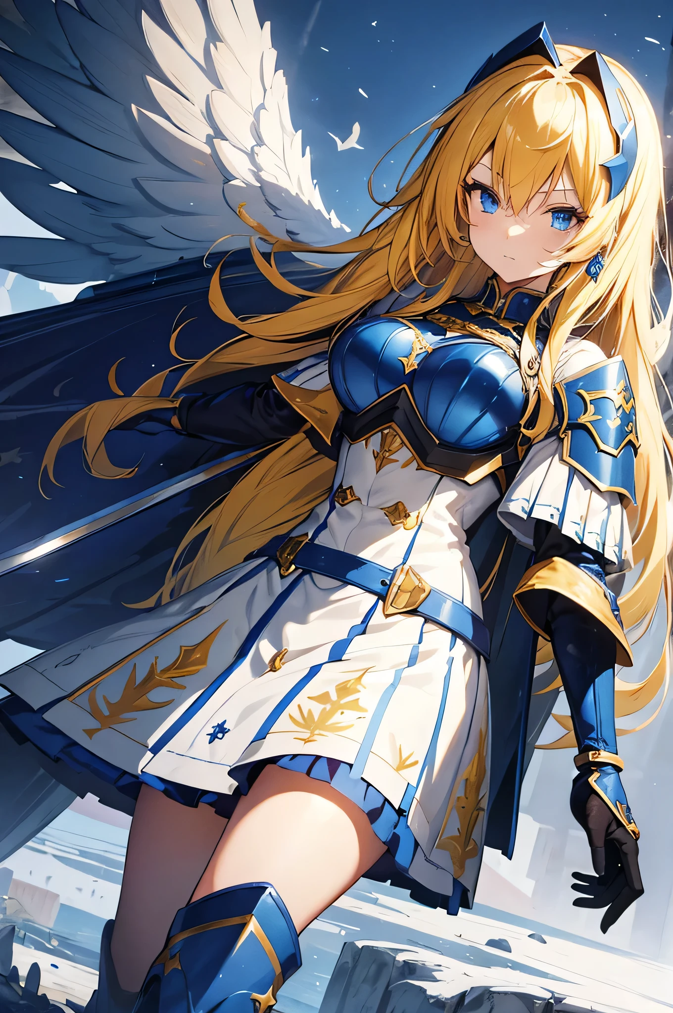 4K,High resolution,One Woman,Blonde,Long Hair,Blue Eyes,Big Breasts,Valkyrie,White sacred armor,Winged headgear,Blue boots,Jewelry decoration,Excalibur,Temple in the Sky