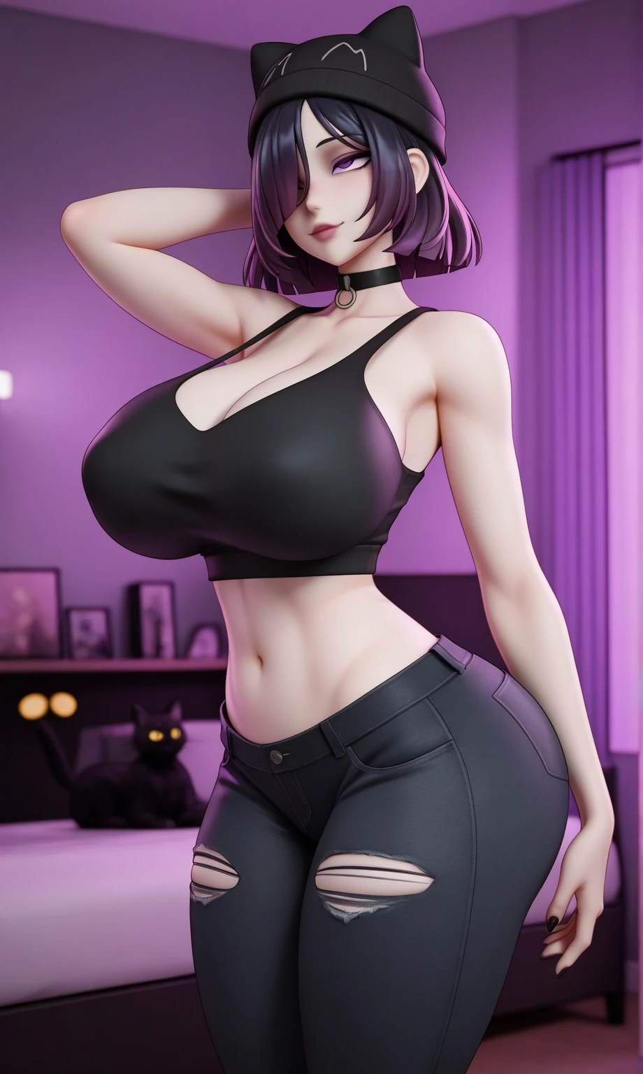 girl with purple hair and black shirt, (sfw) safe for work, 4 k, seductive girl, thicc, female protagonist 👀 :8, masterpiece, best quality,8k, purple eyes, purple hair, short hair,black shirt,black skirt,open the door