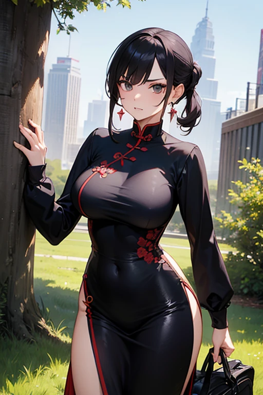 high resolution, turn to face the front, black hair, qipao, tiny breasts, getting red in the face, kick