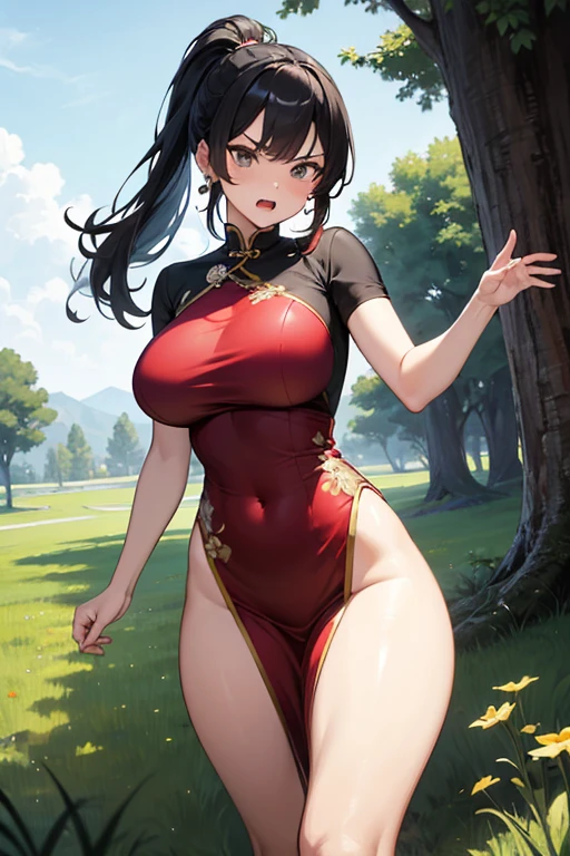 tall girl, black hair, maintain original hairstyle, accessory on ears, maintain original accessories, red eyes, makeup above eyes, maintain face style, mature body, shiny face, shiny skin, no distortions, HDR quality image, add relevant details, wearing her original dress, standing outdoors, cowboy shot