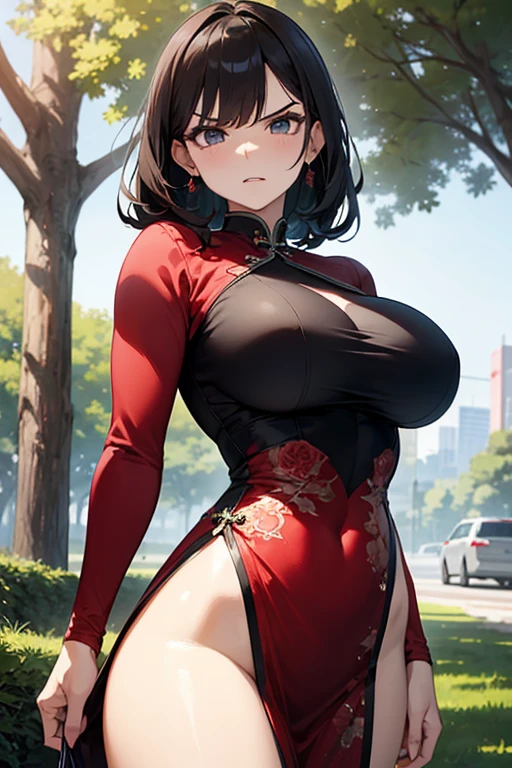 (masterpiece, best quality, perfect face, (beautiful and aesthetic:1.2), extremely detailed, highest detailed face), (beautiful cultivator, (long ponytail hair:1.4), (vivid blue eyes:1.2), (flawless skin:1.3), fake breasts, (narrow waist), (thick thighs), wide hips, long legs, (slender body:1.2), ((very skimpy qipao dress), ((xanxia fantasy background)), (elegant, intricate, detailed digital anime art, high quality, 4k, extremely detailed, sharp, CG, 2D, dramatic light, HDR),