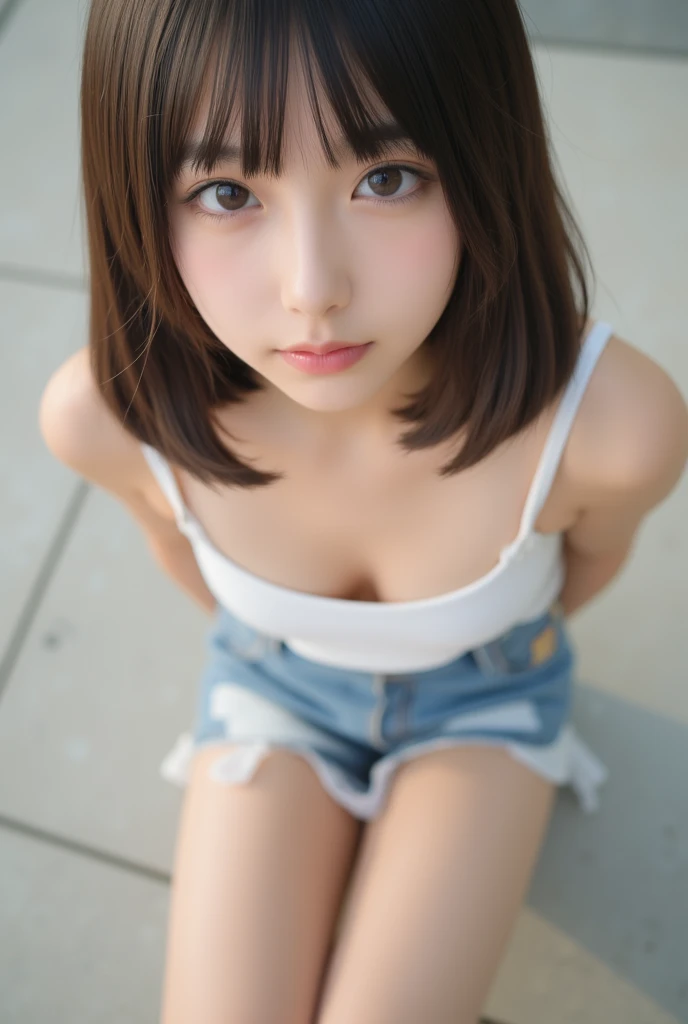(1 Girl)、(Beautiful Japanese、10 years old,Round face、refresh、clear、Seems kind、stylish、Pathetic、cute like an angel、cute、Iris、,actress,Almond-shaped eyes), Good style , (Beautiful big boobs:1.0),(Soft Breasts),(very cute),(Black Hair),(Short Bob Hair),(Captivating eyes),(Eye highlights:1.2)、(8K、Live Shooting、Highest quality、masterpiece:1.2、Optimal Lighting)、((masterpiece)),(Photos taken by a professional photographer),(Genuine、photo Genuine:1.4),break,{ (Sleeveless top and overalls),(((Healthy breast flash))),(Primary school students),(( barefoot)),(Cleavage:0.7)},(Crying Jaw:1.3),(tears:1.2),(Red cheeks:1.2), Face shot:1.3、summer、View your viewers, Face close-up,From below,(Close your eyes)