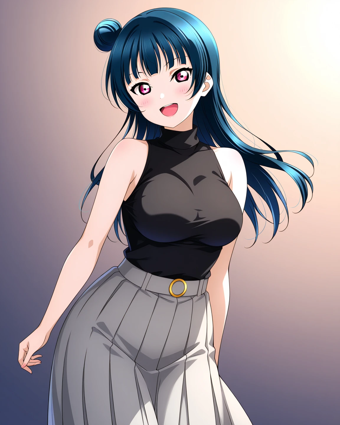 <lora:open-chest-sweater:0.7>open chest sweater, 1girl, solo, pantyhose, yellow background, cleavage cutout, simple background, turtleneck, brown eyes, blush, open mouth, cleavage, arms behind back, ribbed sweater, cowboy shot, black pantyhose, blue hair, turtleneck sweater, purple sweater, looking at viewer, medium hair, teeth,long sleeves, standing, large breasts, long hair