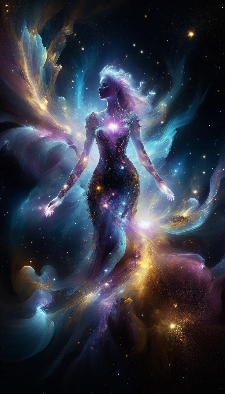 inconceivable and spectacular a scene of emergence of a figure from the glowing cloud, fractal nebula threads, cosmic entities, celestial, cosmic, vibrant and vivid, swirls, twirling, unrealistic, high contrast, symobolism, magical, mystical, mystifying, hyperrealistic, oversaturate, colorfully
