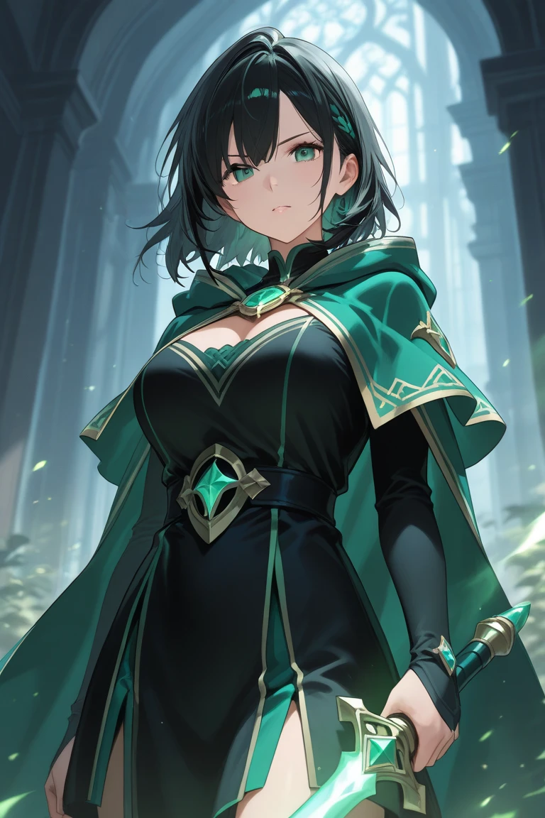 portrait, black hair, long wavy side ponytail, cool, green eyes, dark green cloak, small breasts