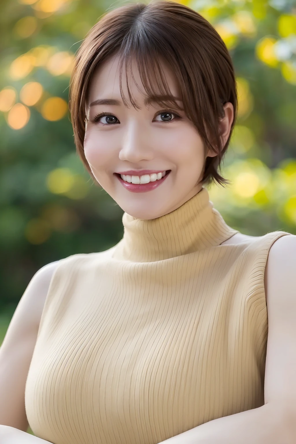 (highest quality、Tabletop、8k、Best image quality、Award-winning works)、1 female、(Perfect sleeveless turtleneck knit sweater dress in random colors:1.traight Short Hair:1.1)、(Baby Face:1.2)、The biggest smile looks at me、(Big Breasts:1.5)、Exactly、(Accentuate your body lines:1.lender body:1.ide angle、優雅で美しい公園にStanding Elegantly、Strongly blurred park background、(Standing Elegantly:1.2)、Natural Makeup、Ultra-high definition beauty face、Ultra HD Hair、Ultra-high definition sparkling eyes、(Ultra-high resolution glossy skin:1.1)、Ultra-high quality glossy lips、(Accurate anatomy:1.1),Chihiro Shida
