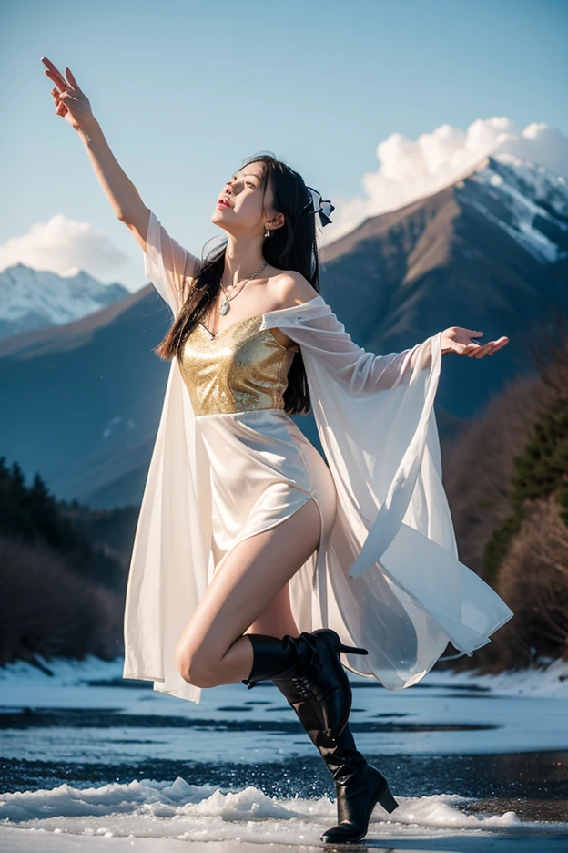 (full bodyesbian:1.5), (Polished pointed toe stockings heels:1.2), (Dance on top of snowy mountains:1.2),(In pink|amarelo|blue colors|green color|red colour|white colors|black in color|purpleish color|greys|Beige|Flesh color 1.4),(Accurate and perfect face:1.2),Wearing Qing Dynasty court women's clothing,A shallow laugh,,hyper HD, Ray traching, reflective light,structurally correct, Award-Awarded, high detal, lightand shade contrast, Face lighting,cinmatic lighting, tmasterpiece, super detailing, high high quality, high detal, best qualityer, 16k,