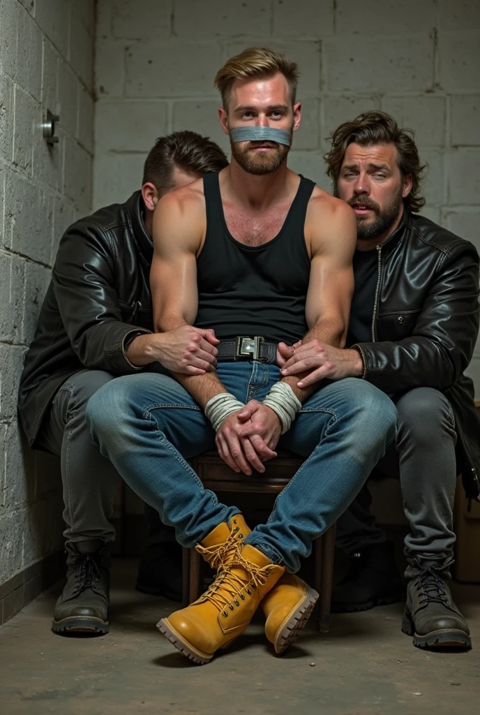 shirtless skinny young men in wet leather pants screams while being chained up in basement