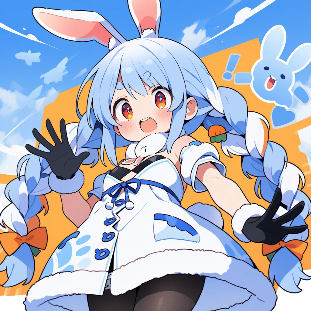 photo of a iom girl, <lora:Pekora2:0.65>, thick eyebrows, smile, open mouth, white sleeves, fur-trimmed dress, red eyes, long hair, ribbon, strapless, thigh strap, fur scarf, rabbit girl, leotard under clothes, puffy short sleeves, detached sleeves, bare shoulders, small breasts, carrot hair ornament, white dress, white hair, twin braids, blue hair, fur-trimmed gloves, don-chan (usada pekora), multicolored hair, rabbit ears, pantyhose, fur trim, usada pekora, virtual youtuber, 1girl