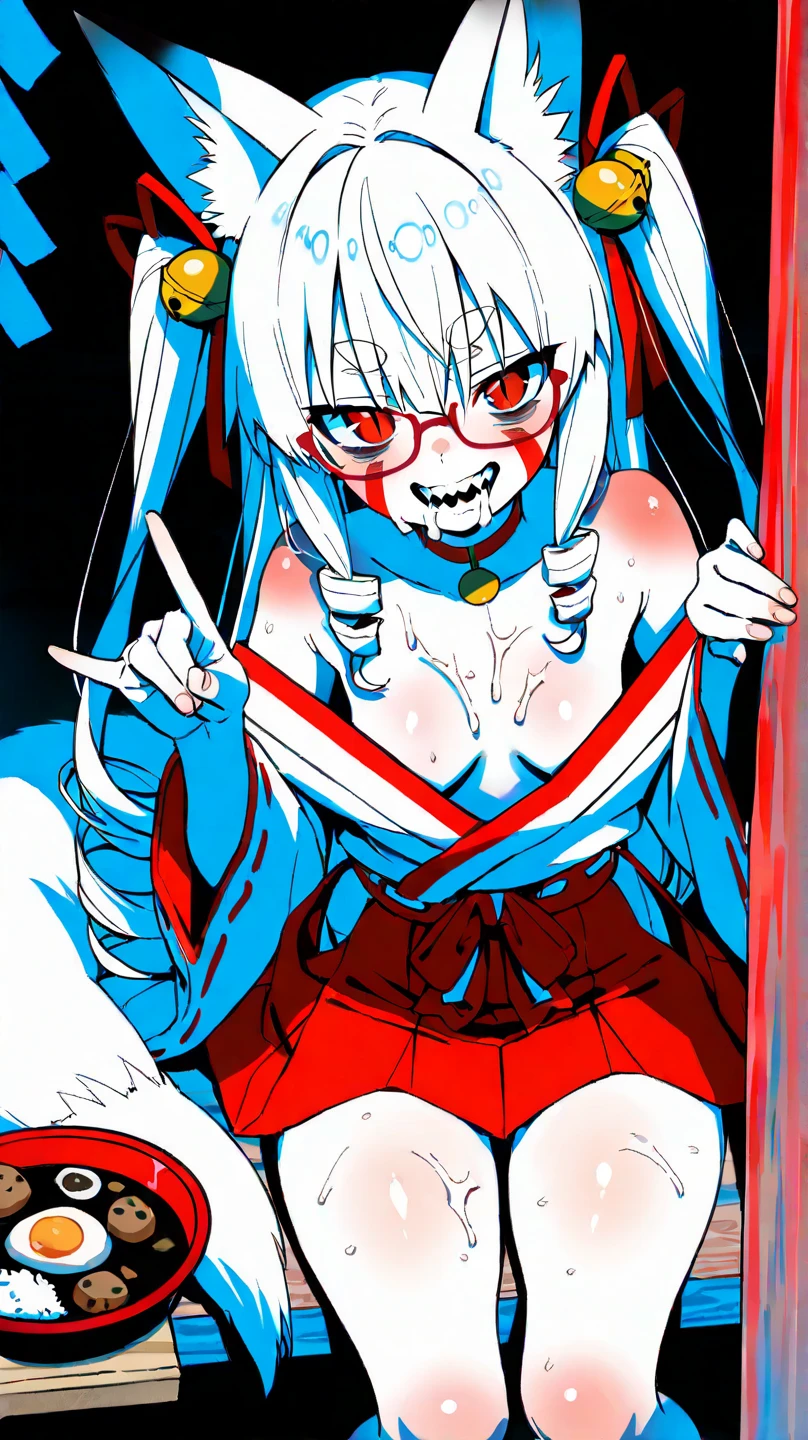 1girl, breasts, blue ribbon, nipples, solo, tree, pussy, thigh strap, ribbon, navel, bush, arms up, grass, outdoors, uncensored, detached sleeves, castle, Looking at the viewer , nude, detached collar, kneeling, breast, arms behind head,Nights and full moon,big breasts,ZeroCYPAXL, white skin, colored skin, black lips, cheek stitches on mouth, grey eyes, makeup, white hair, long hair, hair between eyes,