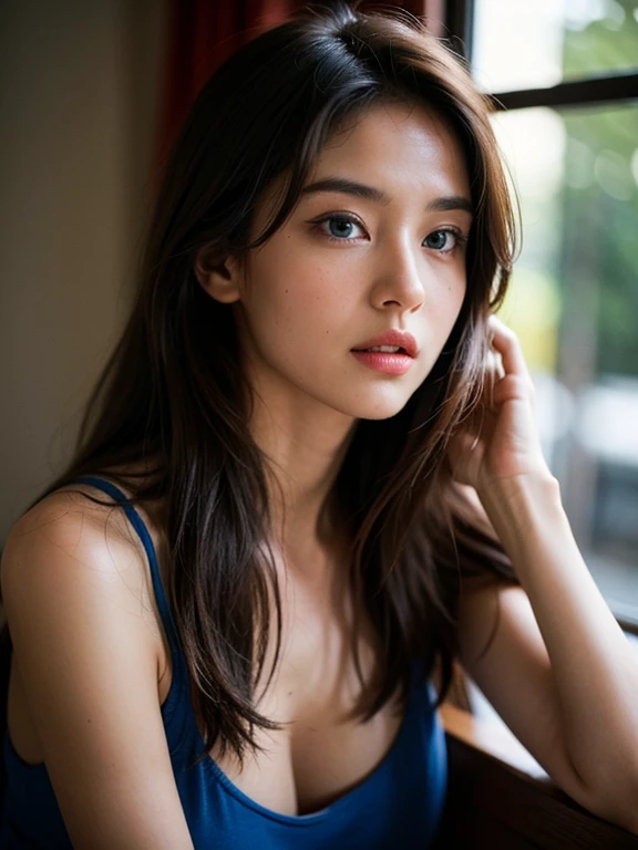(((muste piece,It's photorealistic))), (((8K,best quality: 1.4))), ((super detail: 1.4)) , Beautiful woman,Japanese,25 years old,inside the train,Ultra-detailed facial features, expressive face, detailed texture, Natural Skin Shader, Full body,ultra high resolution,綺麗なJapanese女性,(blue bra,best quality),realistic eyes,realistic skin,golden ratio,long hair,1girl