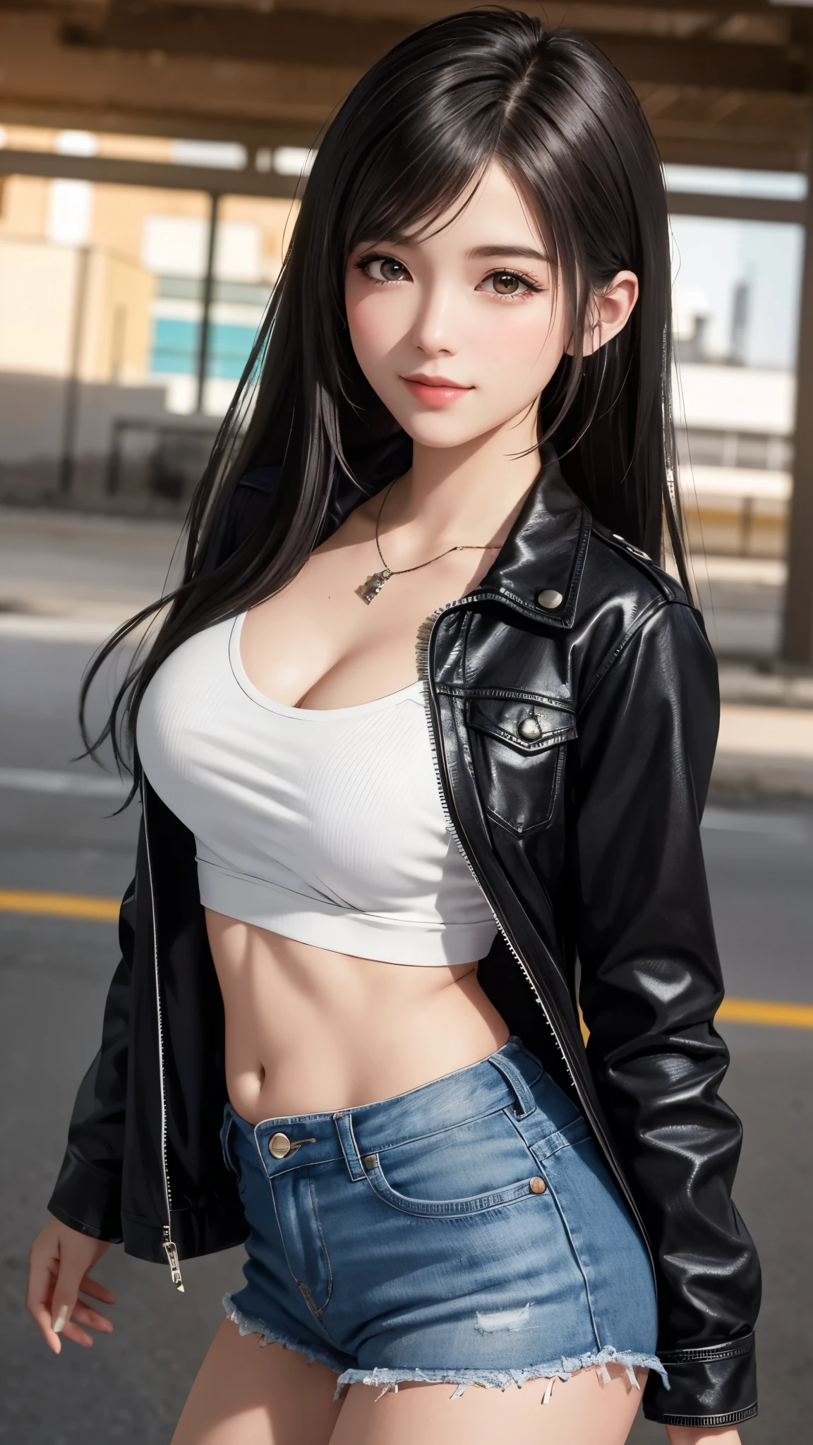 Cute 16 year old nekomata catgirl, Petite, Delicate Beautiful Attractive Face, open mouth, Smiling, (big heavy breasts), Layered Long Twintail hair, cat ears, Oversized cyberpunk Tech jacket, Mini Underboob Tee, Open Navel, Slim Waist, leather Pants, In The Graffiti Alley, Holding Spray Paint Can, ((kneeling pose)) original Character, Volumetric Lighting, Best Shadows, Shallow Depth of Field, (Highest Quality, Amazing Details:1.25), (Solo:1.3), Brilliant Colorful graffiti