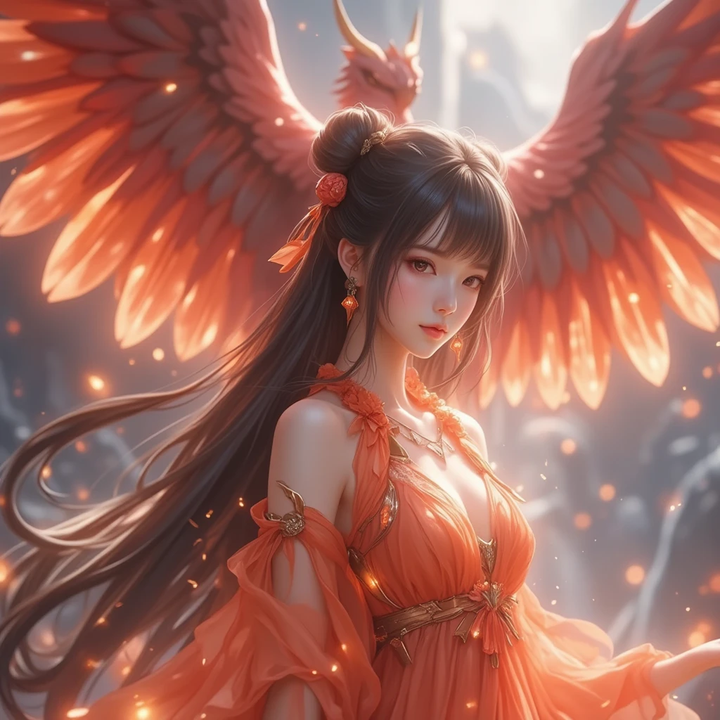 4k ultra hd, masterpiece, a girl, good face, detailed eyes, detailed lips, flower fairy girl, big wings, transparent red wings, neon lights, magnificent background, red dress, flower crown, starry sky background, divine light, attractive pose,