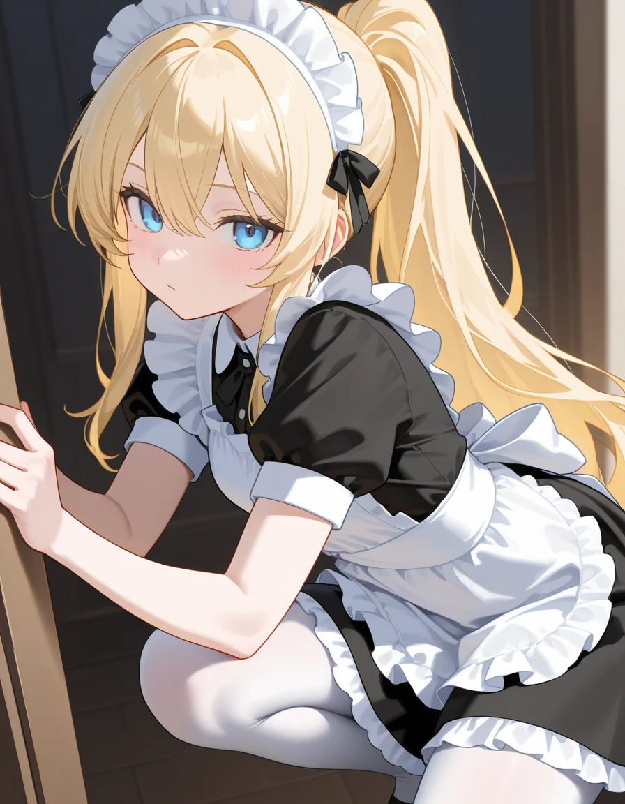 maid, blonde, big, garter belt, miniskirt, ruffled apron