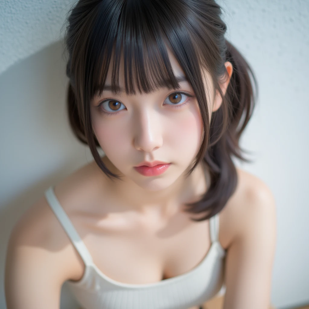 (masterpiece, highest quality, Super detailed, detailed face, 8k)、、slim、flat body、cute、、round face、one girl、 (looking down from above:1.8), (upward facing eyes :1.5)、ponytail、puff out your cheeks、girl in a deep hole、indirect lighting、