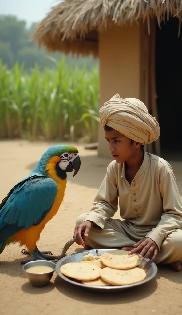 ai indian poor boy is making a big Parrot cut of potato people are watching