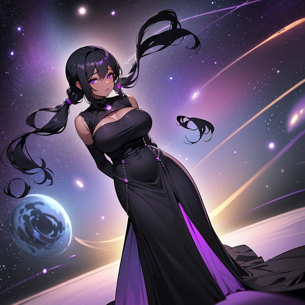 (((Alone Woman))),(((Black skin))),(((Black hair))),(((purple and serene eyes))),((thick lips)),(((thin waist, full breasts and thighs))),(((Being in outer space surrounded by stars))),(((wearing a long beautiful dress)))