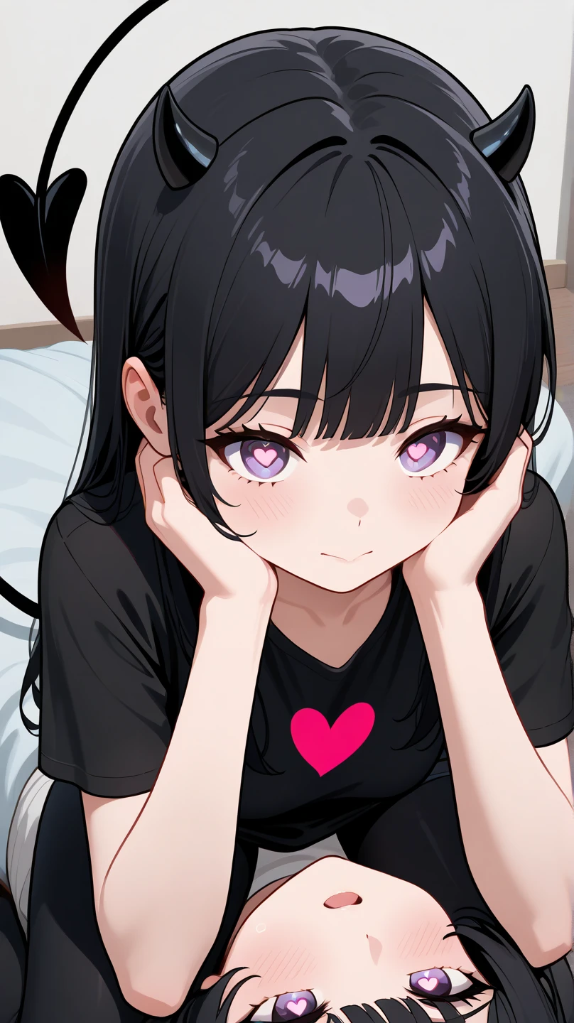 (masterpiece)(high resolution)(from above)((fish-eye lens)) An 18-year old girl with giant gradient eyes. ((Flat chest)). She has very long, straight black hair with diagonal bangs. Straight, long locks of hair. No ears. ((She wears a purple baseball t-shirt)) She wears jogging shorts, and knee high socks. Couch. ((She's on her knees)), looking up at you, (and has a very mischievous, wide grin). blush. exquisite facial details. shiny skin, light reflected off her lips.