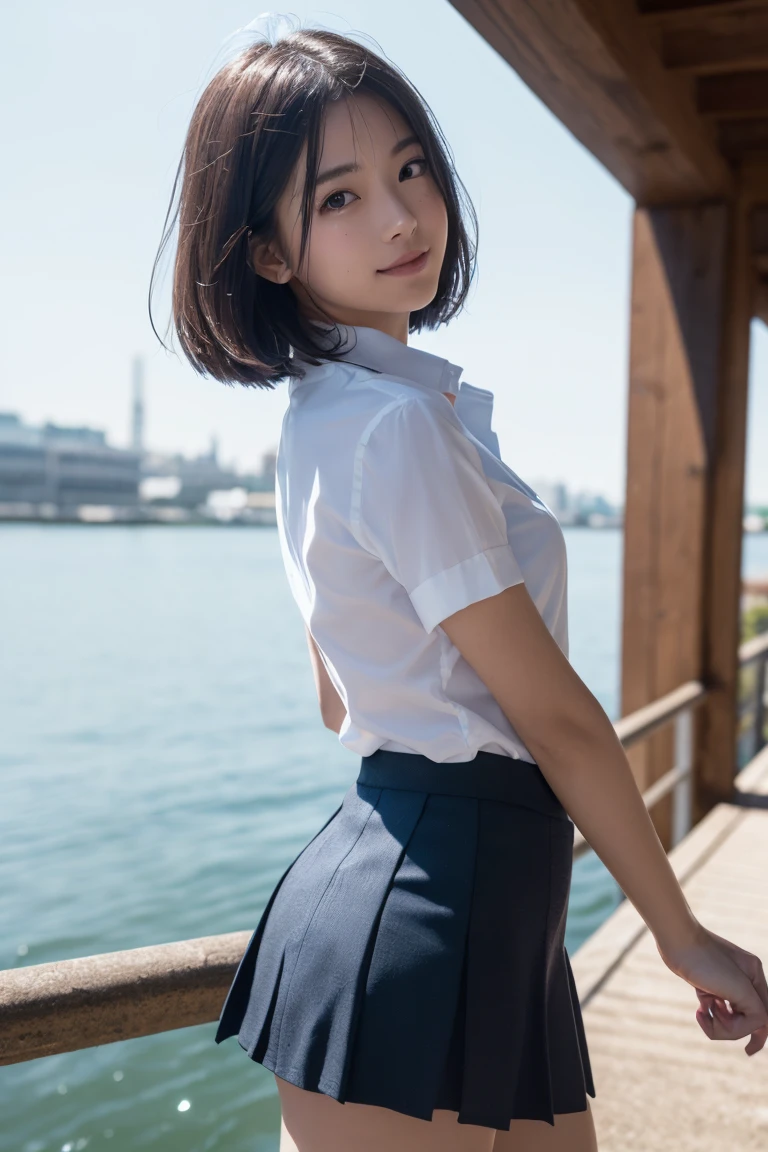 a illustrate girl , 1girl, solo, Mischievous and playful girl , short hair, bob cut, white background,,, short hair, bob cut, white background, brown dress,,school uniform,classroom,((Blue sky and realistic clouds outside the window))