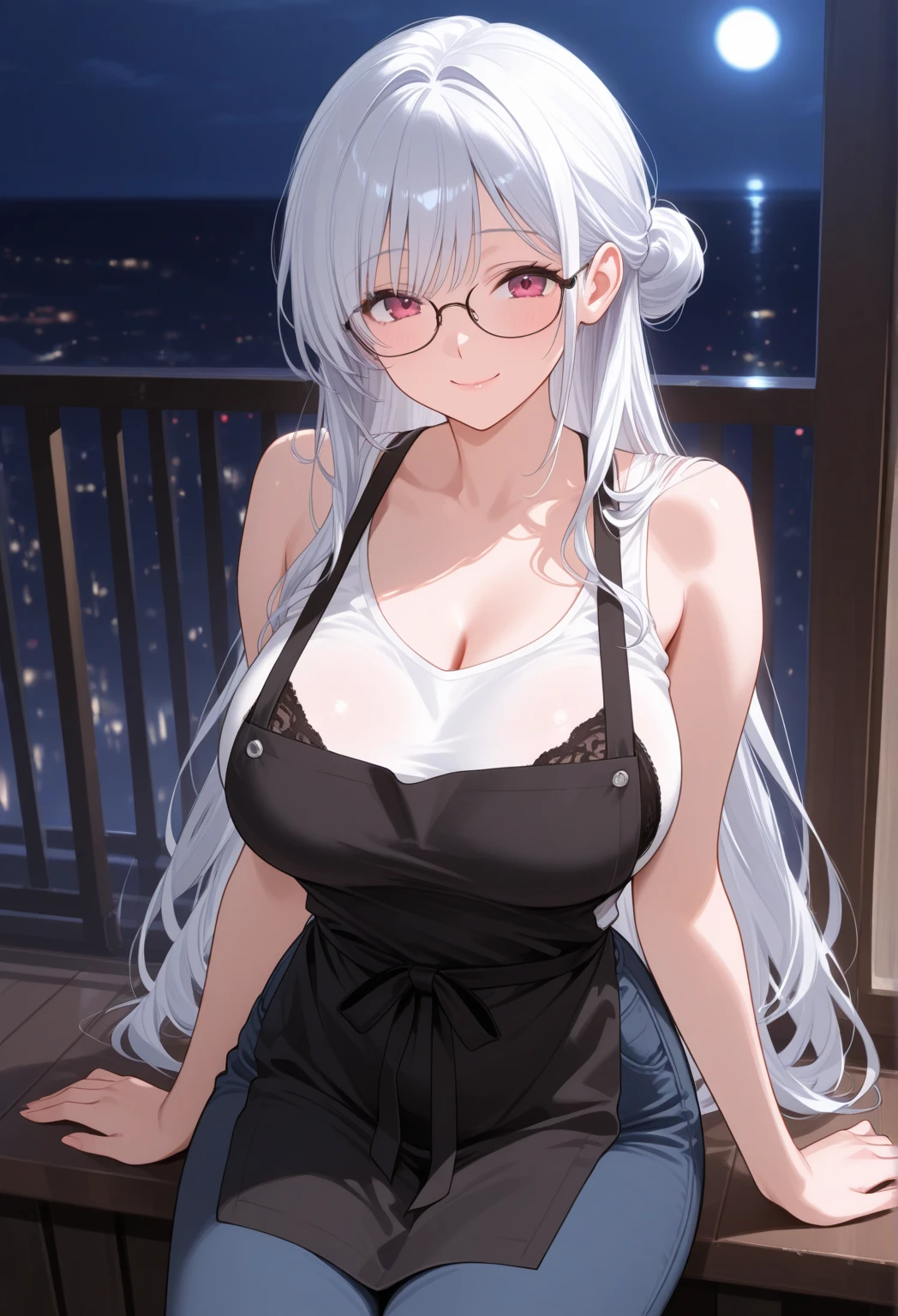 ( street background:1.5), tempting pose, winking, (focus on upper body:1.2, up to buttockronya:1.3),(silber hair:1.2),(Drill your hair:0.9)), 45 degrees to the observer, tempting pose, looking at viewert, Smiling, with her mouth open, rimless eyewears, Full moon in the sky, sky full of stars, lounge suit, tee shirt, tight tee shirt, Open shoulders