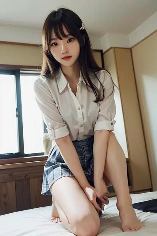 ultra highres,(reality: 1.4),highest quality, masterpiece, high detail, 16K quality, beautiful, 1 beautiful girl,japanese,super beautiful face,baby face,japanese idol face,cute face,super detailed face,detailed hand,beautiful skin,sweaty skin,big eyes,big smile,profeccional lighting,medium hair, black hair,brown beautiful eyes, see through white shirt,cleavag,checked skirt,sitting with knee up,((spread legs)),skirt lift,(((show off panty))),((white panty)),medium breasts,she is looking at the camera,modern style classroom,nsfw,from front,
