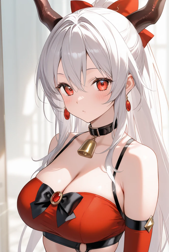 18 year old female,Milky white long hair,red eyes,very huge breasts,perfect hands,((3D anime style)),