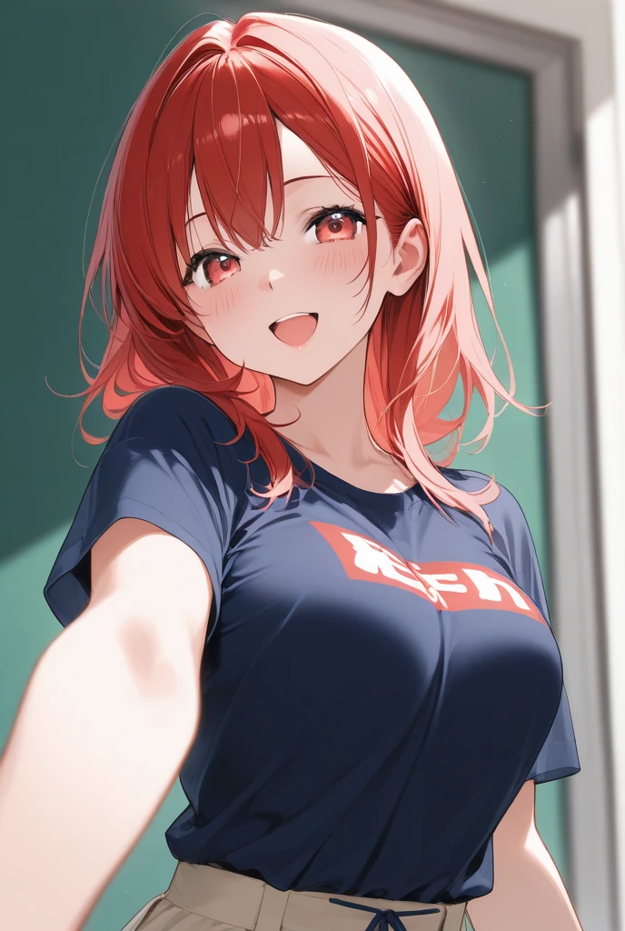 Realistic, real person, RAW photo, photorealistic, portrait photography, shiny skin, 27-year-old woman,(Medium Hair) and (red hair) and (red eyes), Wearing a black T-shirt,(light smile), open mouth,The background is the conference room,Alone,(X pose with fingers),(Biologically correct5Finger)