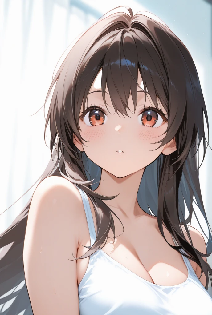 Placing hand on cheek, looking up, A close-up of your face、Biologically correct five fingers、Cleavage、Realistic, real person, (pale skin: 1.2), RAW photo, photorealistic, shiny skin, shiny hair、(A 25-year-old woman with medium-length hair and bangs) and (wavy hair) and (brown hair) and (orange eyes) , (sundress:1.3) and (white) 、(blush, grin:1.3), open mouth, The background is the living room、Alone、Are standing