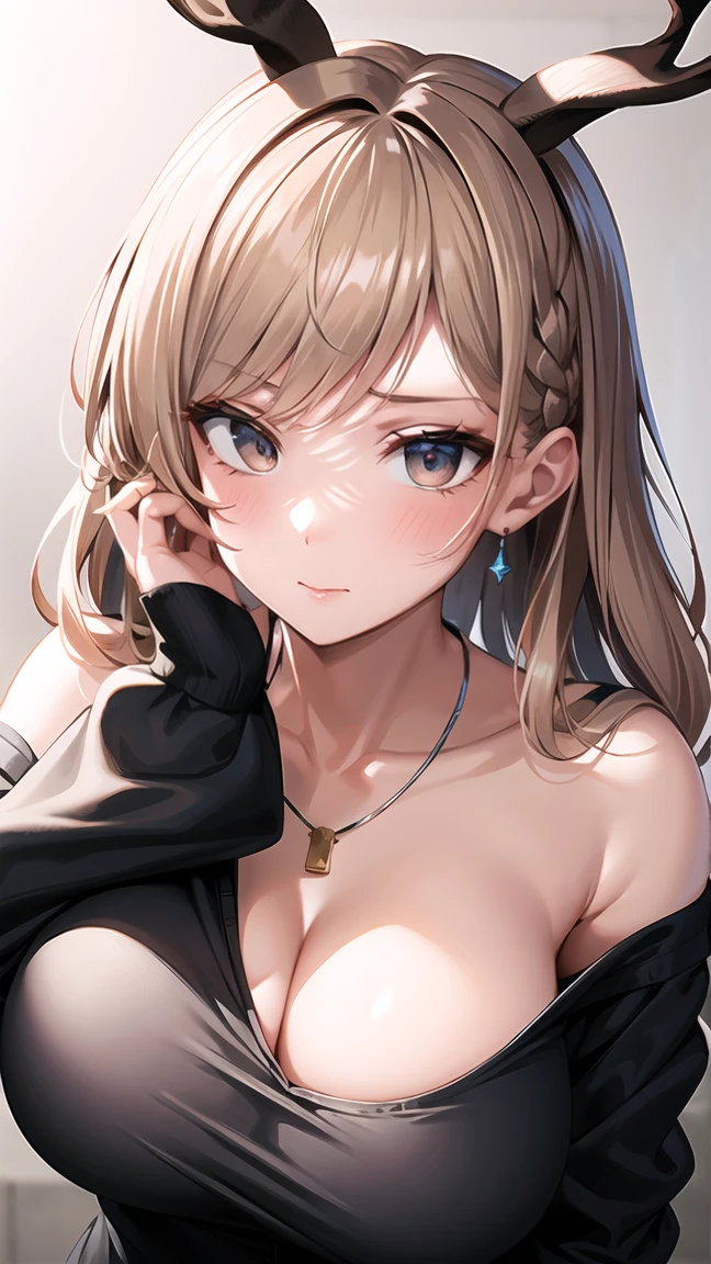 Pale beautiful young woman、Amused beautiful、slim and angular face、pointed chin、Feminine and big eyes、realisitic、ighly detailed、Large accentuated chest、Contrasty、Textured skin、 cold skin pores、face perfect、red blush、High small nose、Tear mole、Oblique 45 degrees、length hair、Light brown eyes、Sweet smell、Light shining、Dynamism、Thrilling、Fluffy breasts、Rabbit ears、Bunny Costume、Cosplay、Luxury Casino Room