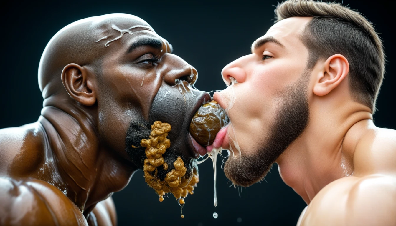 create a high-resolution image of two real men, facing each other, with their tongues out drooling, wearing no shirt, sweaty.