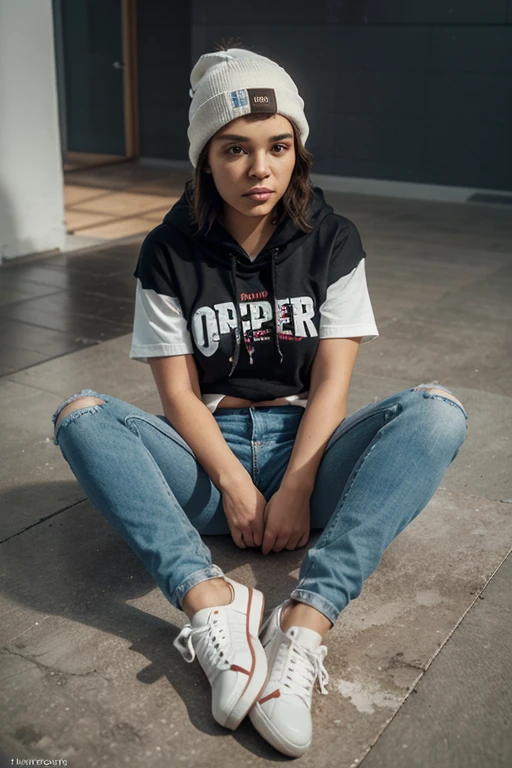 woman with curly hair at a rooftop wearing ripped wide jeans and sneakers and black hoody.