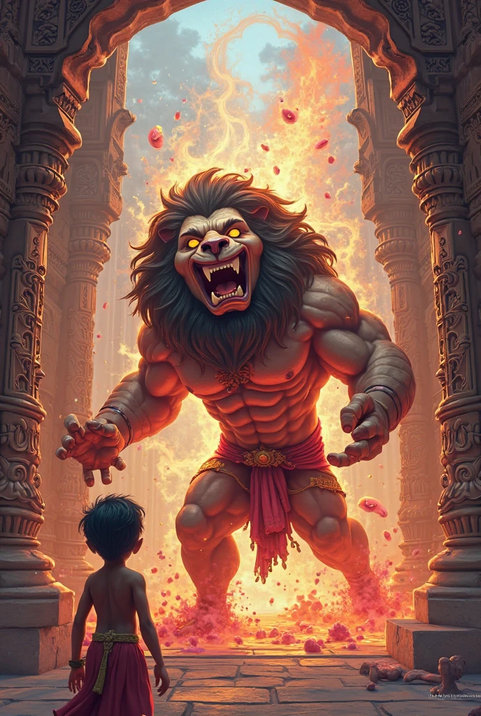 In cinematic realistic 3D cartoon style." Narasimha Avatar: Vishnu as a half-man, half-lion defeating the demon Hiranyakashyapu."