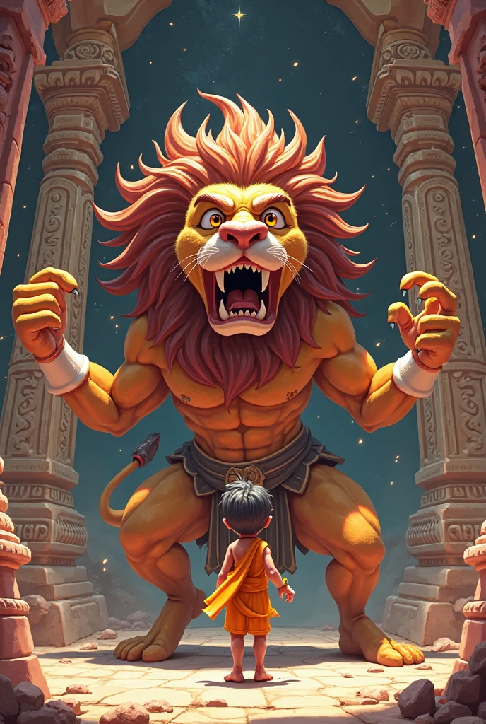 In cinematic realistic 3D cartoon style." Narasimha Avatar: Vishnu as a half-man, half-lion defeating the demon Hiranyakashyapu."