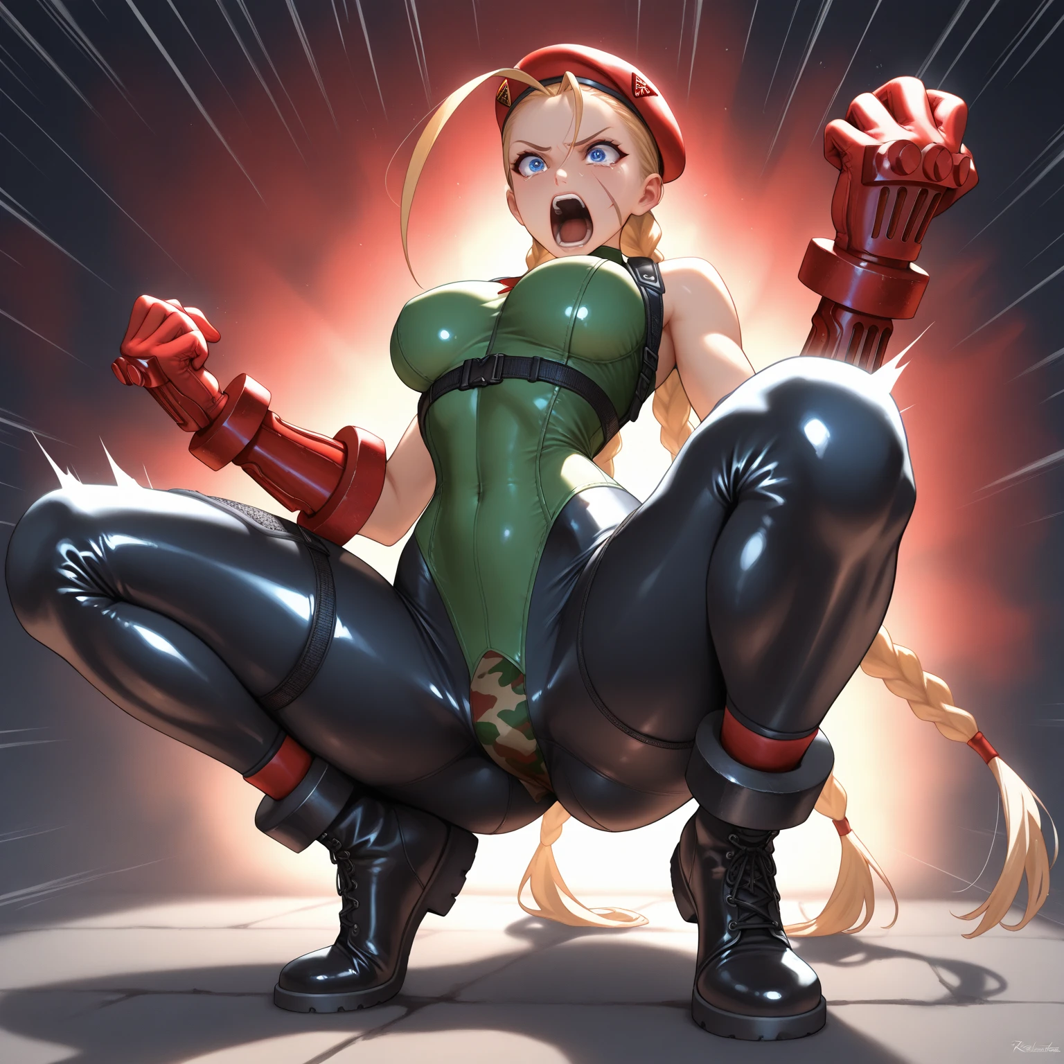 masterpiece, best quality, highres, 1girl, cammy white, twin braids, long hair, blonde hair, antenna hair, garrison cap, blue headwear, blue eyes, scar on cheek, large breasts, yellow necktie, (blue leotard:1.1), long sleeves, fingerless gloves, bodypaint, full body, outdoors, standing, street, boots, (((wetting self, puddle, pee stains))), looking at viewer, (thicc:1.7), (blushing), ((scared expression, open mouth, clenched teeth, crying)), ((spread legs, feet apart)), ((highleg leotard, bare legs)),(((latex leotard))), (((shaking hands)))