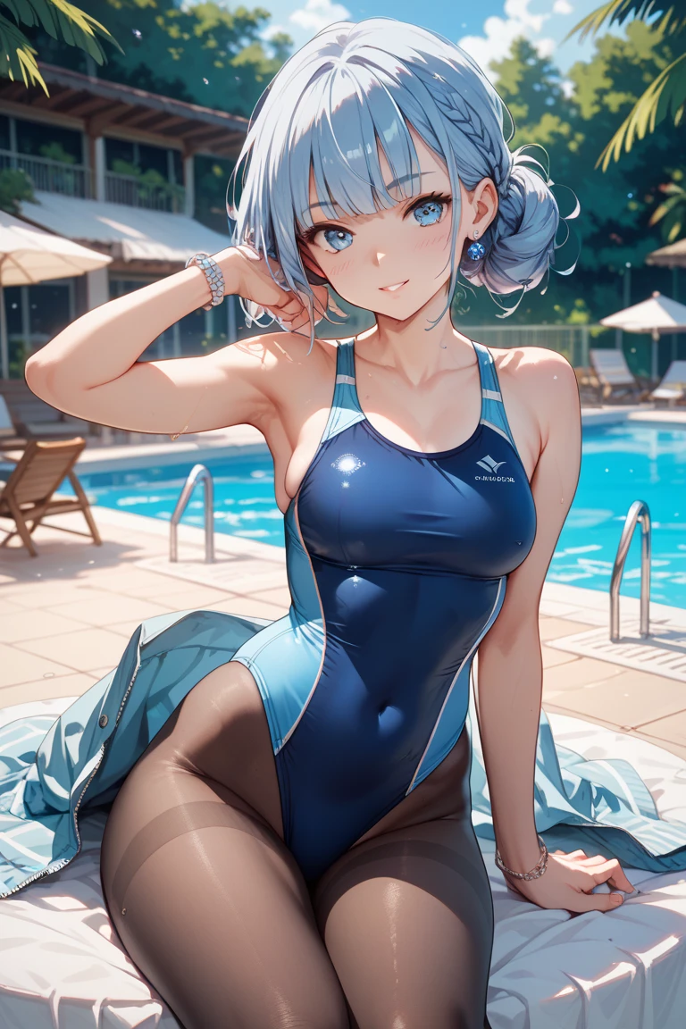 solo, beautiful face, straddling, masterpiece, best quality, 8k, raw photo, absurdres, pretty girl, slender, silver hair, school swimsuit, from below, looking at viewer, (sweaty, shiny skin:0.6), (angry, anguish, sad, breathless:0.3), navy one-piece swimsuit, sloped shoulder, small waist, thin arms, teen, thick thighs, perky butt, photorealistic, film grain, chromatic aberration, highres, ultra detailed, finely detail, detailed eyes and face and skin, dynamic lighting, dramatic lighting, sharp pupils, realistic pupils, (simple background, dull blue background, humid:1.5)