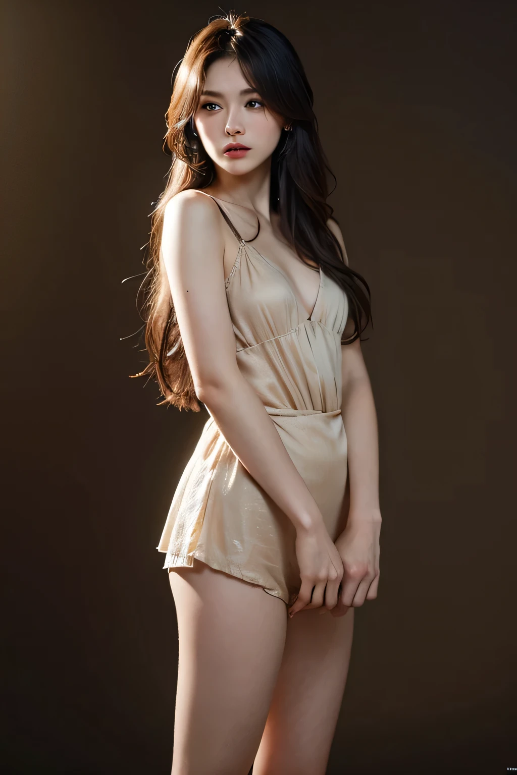 best quality,8k, Detailed facial depictions, Detailed eye description, Brown hair(long wavyhair),beautiful korean girl, 40 years old, slim body, huge breast , bra and sarong , sit down at library,dynamic pose , long exposure