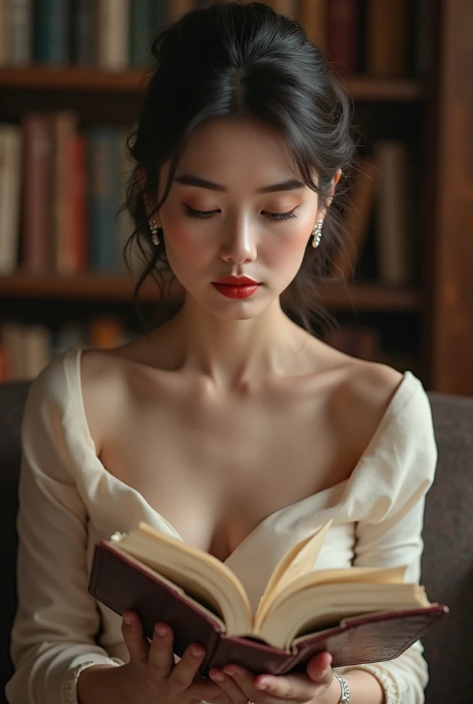A Japanese woman sitting in a study, wearing a stylish tight top, with a close-up focused on her breasts and the book she is holding, displaying her intellectuality and sensuality.
