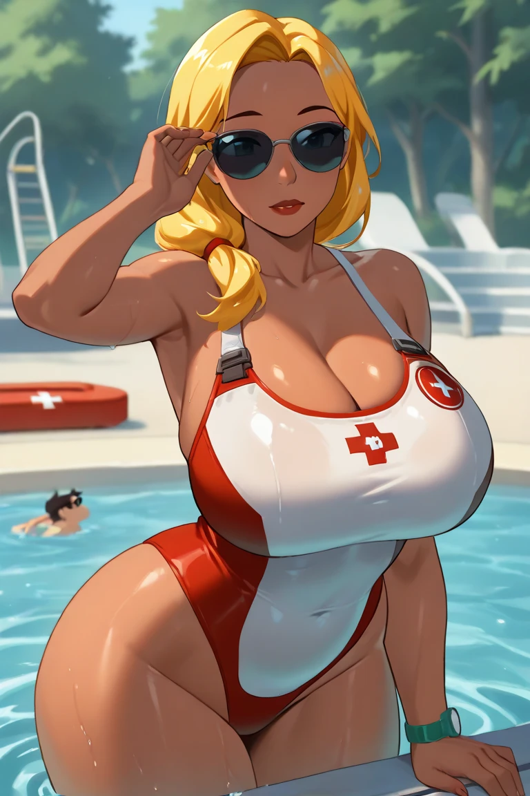 realistic, photorealistic, high quality, 1girl laying on a beach towel, cape, holding a mask, wet swimsuit, swimming pool in the background, adult, large breasts, <lora:Character_Evileye:0.9>