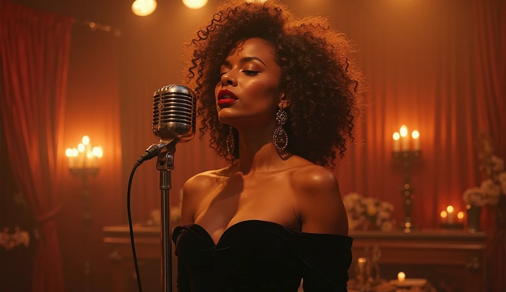 A very sexy black female bluessinger singing in a smokey bar, microphone, t shirt, band playing background
