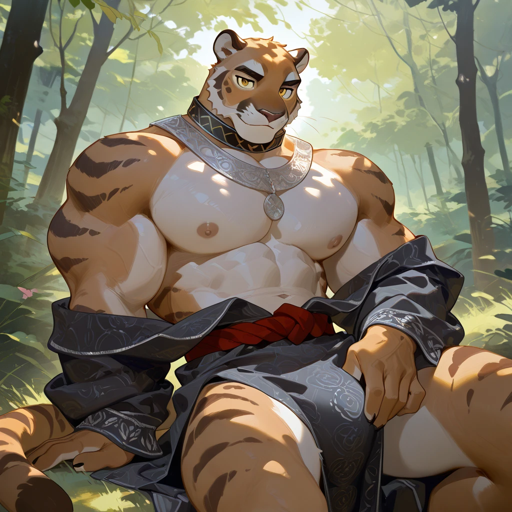 masterpiece, best quality, 8k resolution, Very detailed, hairy,tiger,((red hair)),muscle,Strong,超大muscle,((Sweating)),(((Purple pupils))),For the audience,(((Ancient times))),portrait,(((Shirtless))),(Highest quality scene),(((crotch cloth))),(((grassland))),(((Blushing))),(((Hip bulge))),(((Ultra clear eyes)),(((erectile))),((Solitary)),((whole body)),(((Sunlight))),(((sitting))),((Mature)),(((Uncle))),(((Orange fur))),((Shame)),((Spread your legs))