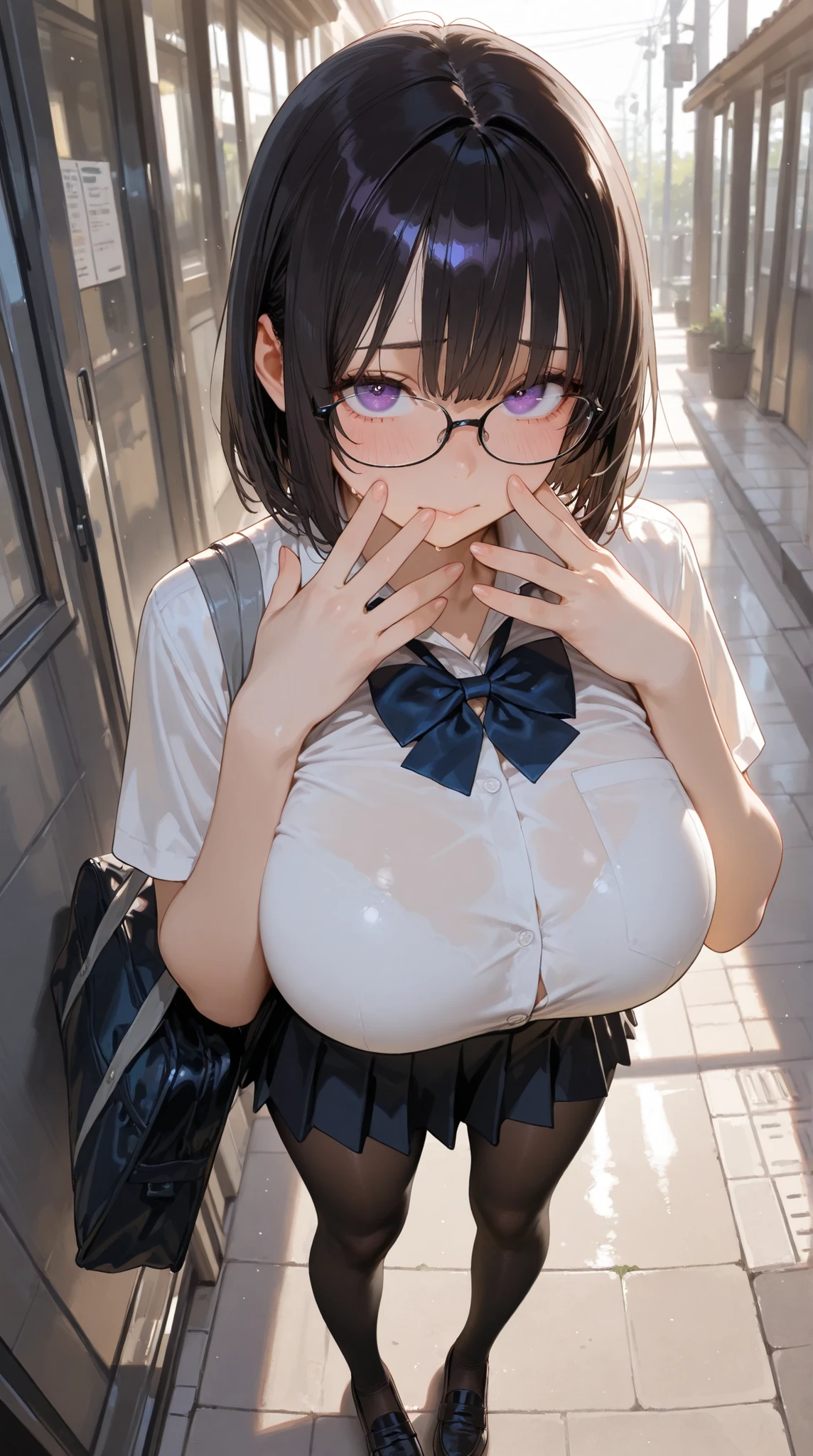 Highest quality、masterpiece、One girl、Neon Town、Round glasses、short hair、Ecstasy face、Big Breasts、Ahegao、Sweaty、Pusher