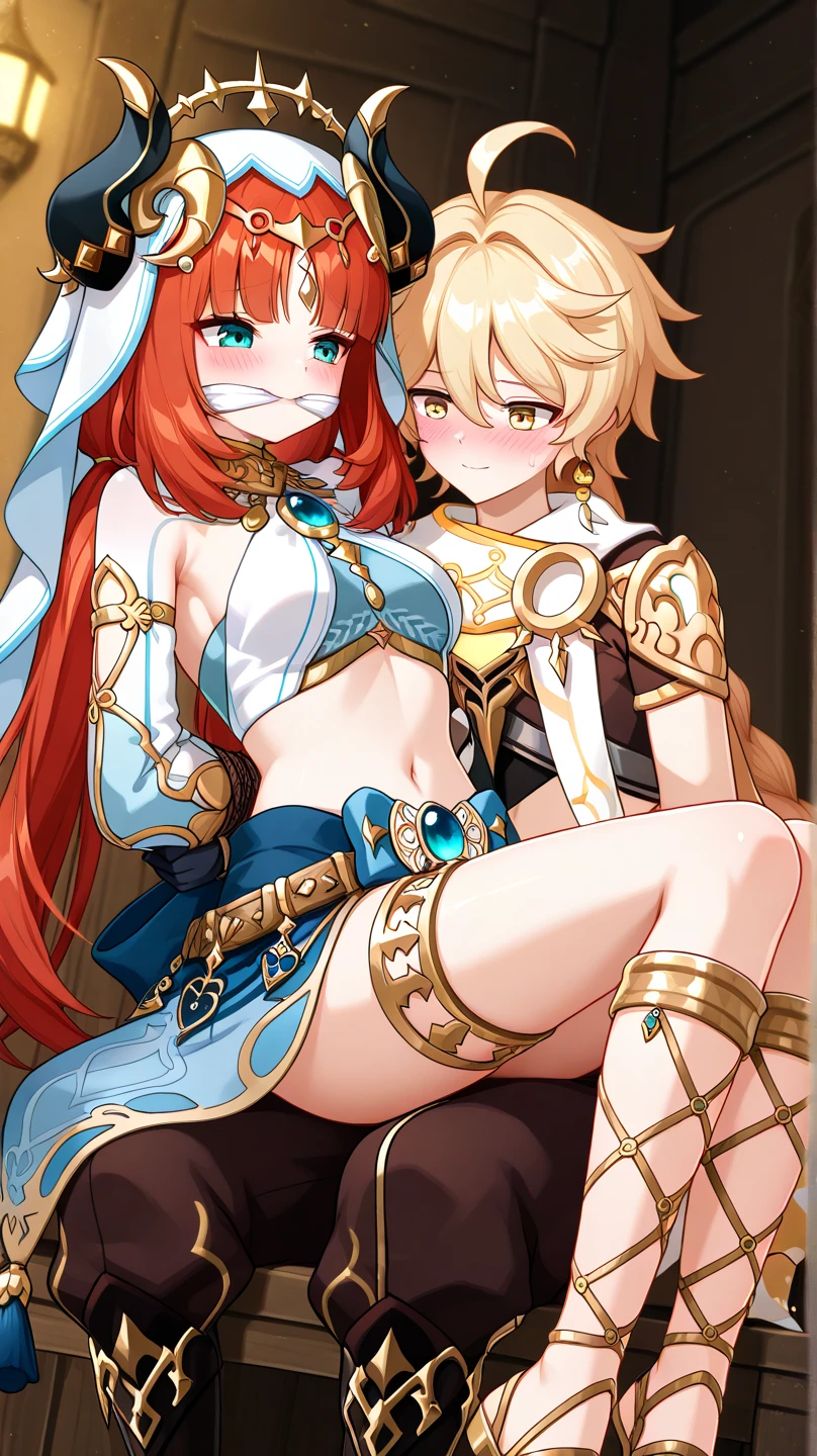 (masterpiece), best quality, expressive eyes, perfect face,Mature female,1 girl (nilou,Genshin impact),(harem outfit,exposed midriff,topless),bedroom background,medium breasts,smile,topless,nipple,slim figure