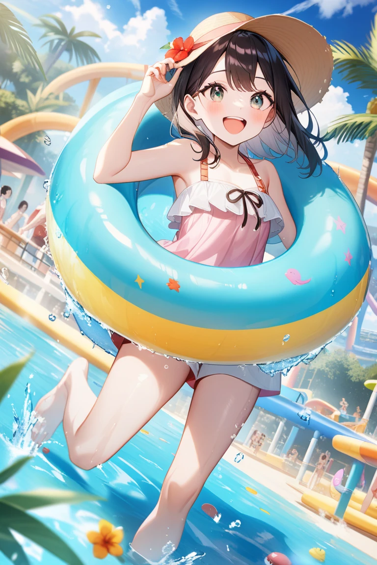 (Incredibly ridiculous absolute resolution:1.5)、hiquality、top-quality、masuter piece、Anime girl in light blue and white bikini, 魅惑的、Anime Loli, 8k Manga Wallpapers, Smile、Shy laughter、((small curvy loli))、 pretty anime girl,((swimming pools))、(Medium Shorthair)、(short braided hair)