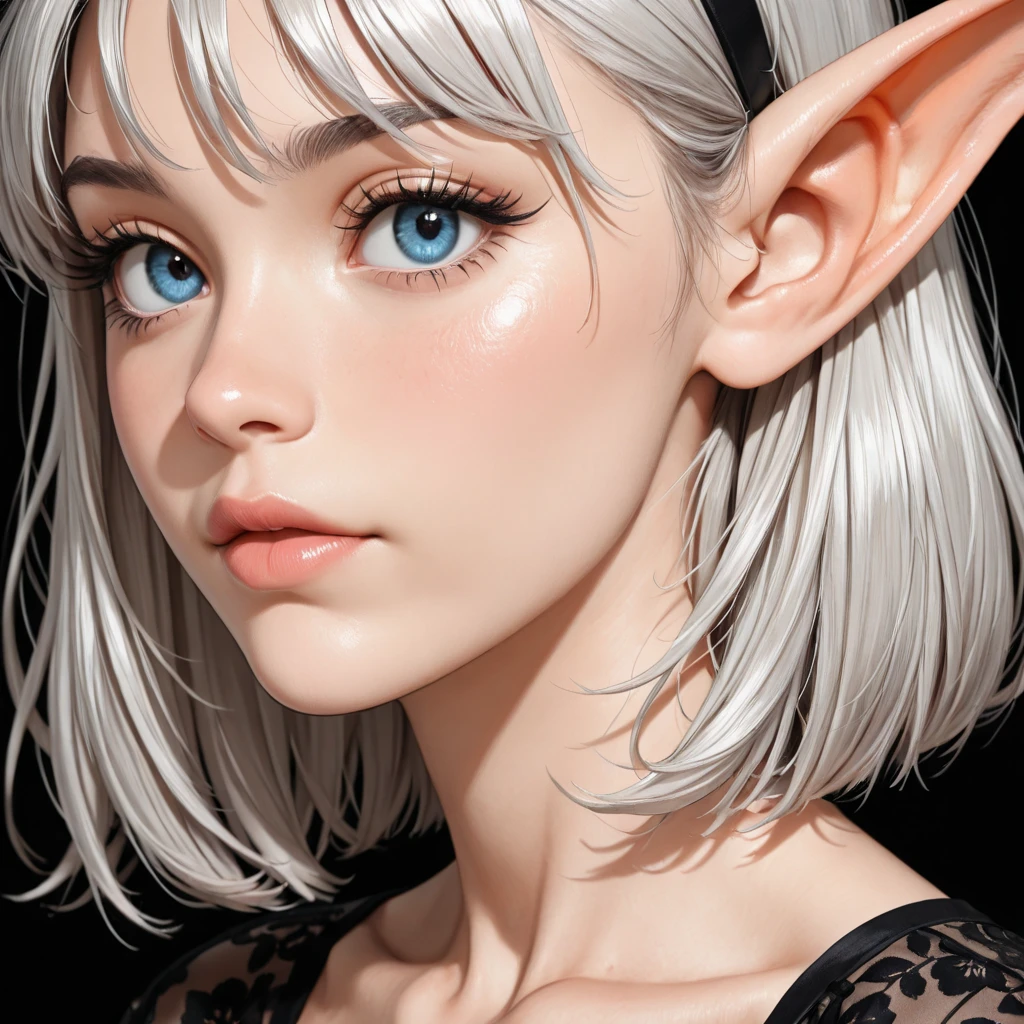 white color hair,With bangs,Purple eye,wearing pajamas,There are elf ears --auto