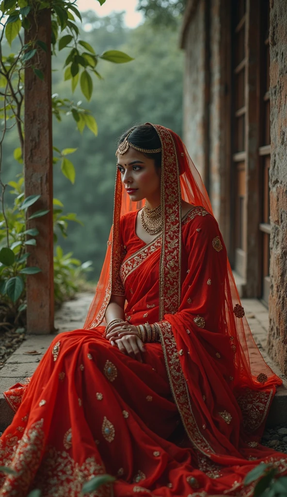 A beautiful woman in a white saree red border pallu on top head with bindi Bengali style and a mole in her face standing full body displayed realistic 