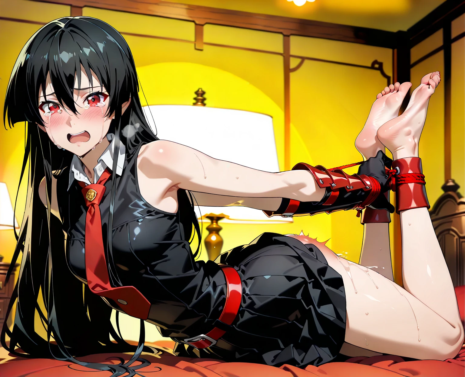 (最高of画質), (マスターof作品), (詳細なeyeof描写), (8k wallpaper),(詳細な顔of説明),on of bed (Imide Shot:0.95), (full body:1.25),(一人in:1.4),(1人of:1.2),Cute and beautiful,((veru length hair)),arms_後ろTo_return, ball_gag, BDSM, bondage, bound, bound_feet首, bound_arms, bound_feet, bound_wrist, box_tie, chest_bondage, share_rope, gag, gagged, red_rope, Suppressed, rope, shibari, shibari_以superior_cloofs, tape_gag, shinomiya_Kaguya, cloth_gag, 即興of_gag, Dissecting_gag, tied_superior_\(Non-sexual\), a bit_gag, suspension, bangs, frogtie, Broke up_bangs, tape, Queen, red_eye, chests, saliva, ribbon_bondage, nose_red面, white_Legwear, dress, 鎖Toつながれた, Looking_in_Audience, red面, 1人of, length_sleeve, ring_gag, Spreader_bar, skindentinion, Looking_To_of_~ side, cin_ear, gloves, bare_shoulder, full_body, Drooling, Shen