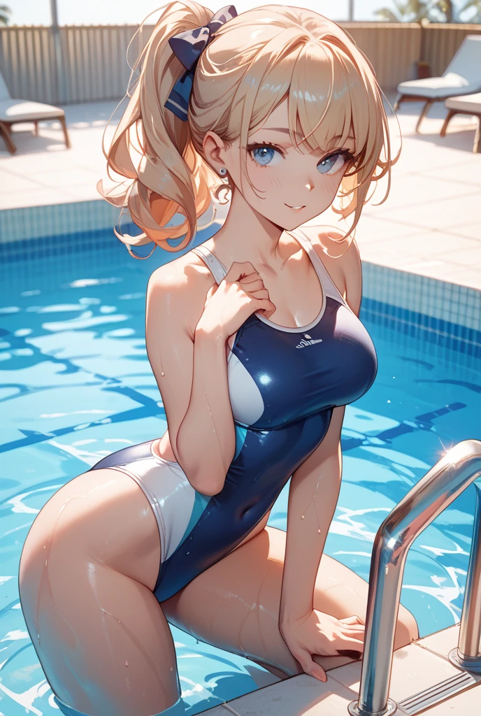 pieces fly、masterpiece、highest quality、Super detailed、High resolution、High resolution、8K portrait、Unity 8k壁紙のHigh resolutionCG、unity 8k wallpaper、cute type little:1.5、upon:1.5、Highly detailed CG unity 8k wallpaper、realistic、real person、cute type little、 portrait photography、shiny skin、High resolution、(:1.2)、(1 girl)、beautiful clear eyes、very detailed explanation、delicate face、nice lips、slender body、Same with big breasts thin waist、thin legs、(Poolside:1.6)、1 girl, cute type, perfect face, seriously, (blush:1.5),(golden hair ponytail:1.3),((there are many people nearby:1.4)),Same with big breasts,((navy blue school swimsuit:1.2)), Detailed description vagina,show vagina,spread legs,spread ,((Orgasm in the vagina:1.5))