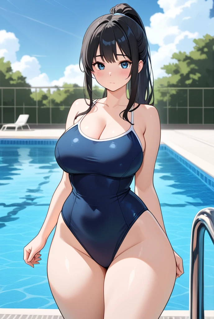 ((kancolle, ushio)), (((large breasts))), breast bags, slightly slanted eyes, long black thin latex gloves, long black thin latex knee-high socks, ((nude, nipples, sheer thin pubic hair, )), wet skin, double bust, groin, navel, cleavage, sunlight, from the center front, looking at the viewer, plump body, being stumpy, (short body, short legs, short arms), young girl, from center below, Embarrassed, shy, hiding her big breasts with one arm, I sharped cleavage, too sweat, cleavage drip on sweat, undressing one-piece swimsuit, holding long whips
