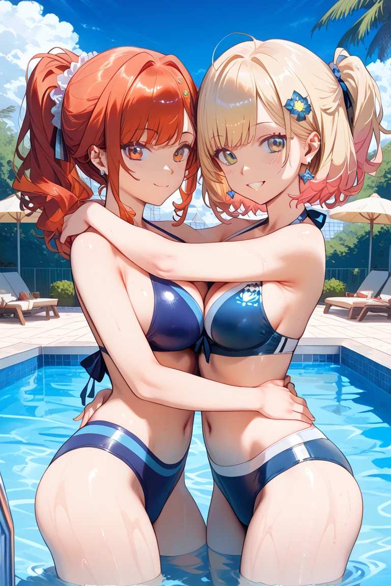 2 girls, 18yo, 1 red hair, 1 blonde, 1 small breasts, 1 big breasts, 1 small round butt, 1 juicy big butt, bikini, at beedroom, masterpiece, 8k, ultra-detailed, god rays, beach view from the window, sfv