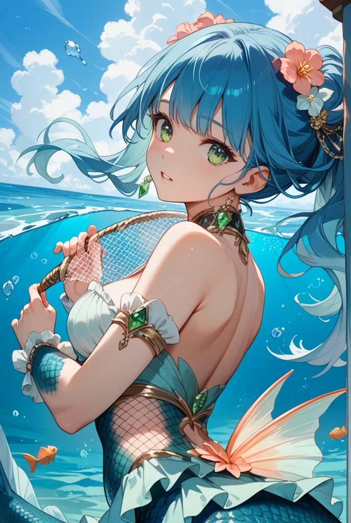 mobius (daughter of corals) (honkai impact), mobius (honkai impact), honkai (series), honkai impact 3rd, yelan xing xuan, 1girl, bangs, bare shoulders, barefoot, bikini, small breasts, cleavage, coral reef, fish, full body, beautiful, HD,. extremely detailed, green hair, jellyfish, long hair, navel, seductive smile, solo, swimsuit, toes, twintails, underwater, water